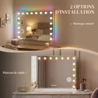 HOMCOM Miroir maquillage Hollywood 18 ampoules LED, 3 couleurs d'éclairage, lumière RGB, haut-parleur Bluetooth, blanc(m-9)