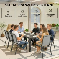Outsunny Set da Esterno 9pz con 8 Sedie Impilabili in Texteline e Tavolino da Caffè con Piano in Vetro, Grigio Chiaro(m-6)