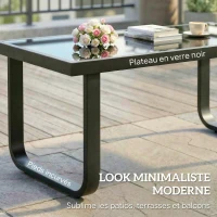 Outsunny Table Basse de Jardin Rectangulaire, Pieds Incurvés, Plateau en Verre Trempé, pour Terrasse Balcon, 90x45x33cm, Noir(m-5)