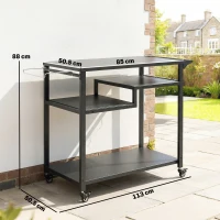 Outsunny Outdoor Grill Cart, Three-Tier Pizza Oven Stand  with Steel Tabletop, Hooks, Rubbish Bag Holder, Wheels, Black(m-3)