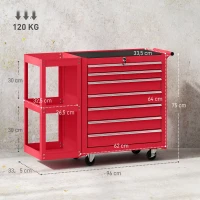 HOMCOM Carrinho de Ferramentas com 7 Gavetas Estante de 3 Níveis Removível Sistema de Fecho Central Asa 2 Rodas com Travão Vermelho(m-3)