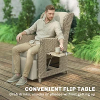 Outsunny Rattan Garden Recliner Chair, Reclining Garden Chair with Adjustable Back and Footrest, Flip Table, Cushion, Brown(m-8)