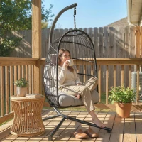 Outsunny Silla Colgante Huevo con Soporte Cesta Plegable Cojín Reposacabezas Altura Ajustable y Cuerda Carga 120 kg Gris Claro(m-8)