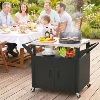 Outsunny Desserte Jardin Chariot Barbecue avec Plan de Travail Inox Étagère Coulissante Armoire de Rangement 117x55x78cm Noir(m-10)