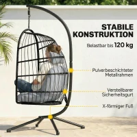 Outsunny Hängesessel mit Gestell faltbar Polyrattan Hängekorb mit Kissen Sicherheitsgurt Kopfstütze Bänder, höhenverstellbar(m-4)