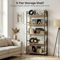 HOMCOM Bookshelf 5-Tier Metal Frame Bookcase Storage Shelves for Living Room Oak(m-5)