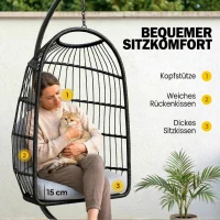Outsunny Hängesessel mit Gestell faltbar Polyrattan Hängekorb mit Kissen Sicherheitsgurt Kopfstütze Bänder, höhenverstellbar(m-6)