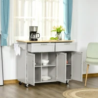 HOMCOM Carrinho de Cozinha com Rodas 2 Gavetas 3 Portas Prateleiras Ajustáveis e Barra para Sala de Jantar 121x46x91cm Cinza e Madeira(m-2)