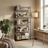 HOMCOM Bookshelf 5-Tier Metal Frame Bookcase Storage Shelves for Living Room Oak(m-8)