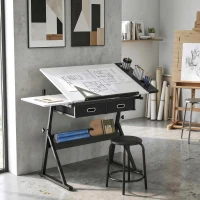 HOMCOM Table à dessin avec tabouret et 2 tiroirs, hauteur réglable, plateau inclinable 0° à 60°, 120 x 60 x 68-92 cm, blanc(m-9)