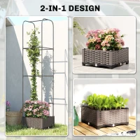 Outsunny Raised Garden Bed with Trellis, Plastic Planter Box with Drainage Holes, Drain Plugs and Water Reservoirs(m-4)