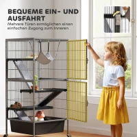 PawHut Kleintierkäfig 4-stöckiger Nagerkäfig mit ausziehbarem Tablett Rampen Hängematte Rollen Plattformen 52x52x115 cm Grau(m-6)