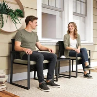 Outsunny Rattan Bistro Set, 3 Piece Garden Furniture Set with Glass Top Table and Cushions, Khaki(m-9)