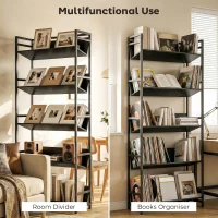 HOMCOM Bookshelf 5-Tier Metal Frame Bookcase Storage Shelves for Living Room Black(m-4)