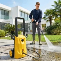 Outsunny Hidrolimpiadora de Alta Presión 1600W 120 Bar con Bomba Boquilla Ajustable y Parada Automática 29,5x22x60 cm Amarillo(m-2)