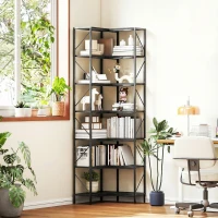 HOMCOM Libreria ad Angolo a 7 Ripiani, Scaffale Industriale, Effetto Legno Nero(m-7)