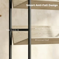 HOMCOM Bookshelf 5-Tier Metal Frame Bookcase Storage Shelves for Living Room Oak(m-6)