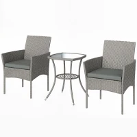 Outsunny 3 Piece Rattan Bistro Set, PE Wicker Garden Furniture Conversation Set with 2 Tier Glass-Top Table, Chairs, Dark Grey(m-11)