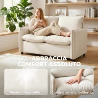 HOMCOM Divano 2 Posti Imbottito in Tessuto Effetto Pelle Traspirante, Imbottitura Spessa, 2 Cuscini, Braccioli, per Soggiorno, Crema(m-4)