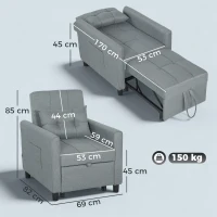 HOMCOM Divano Letto Pieghevole Convertibile con Schienale Regolabile e Cuscino, Grigio(m-3)