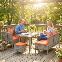 Outsunny 6-Seater Rattan Dining Set Sofa Table Footstool Outdoor w/ Cushion Garden Furniture, Orange(m-8)