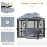 Outsunny 3 Seater Swing Chair 3-in-1 Convertible Garden Swing Seat Bed Gazebo Patio Bench Outdoor with Double Tier Canopy, Cushioned Seat, Mesh Sidewalls, Grey(m-6)
