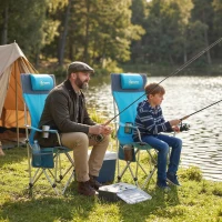 Outsunny Set of 2 Reclining Folding Camping Chair w/ Detachable Footrest, Storage Bag, Cup Holder & Headrest, Blue and Grey(m-9)