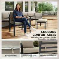 Outsunny Salon de Jardin 7 Pièces Ensemble Canapé d'Angle Extérieur Modulable avec Table en WPC et Pouf Beige et Gris(m-6)