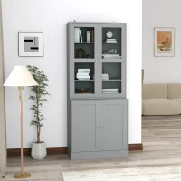 HOMCOM Bibliothèque vitrine, meuble de rangement à 6 niveaux avec 4 portes dont 2 en verre trempé, étagères réglables, gris(m-2)