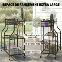 Outsunny Organisateur d'Outils de Jardin en Acier à 3 Niveaux, 74 Emplacements, 4 Roues, 11 Crochets, 104x40x95cm, Noir(m-4)