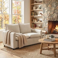 HOMCOM Divano 2 Posti Imbottito in Tessuto Effetto Pelle Traspirante, Imbottitura Spessa, 2 Cuscini, Braccioli, per Soggiorno, Crema(m-7)