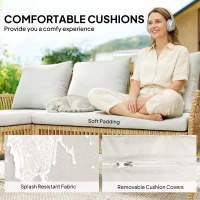 Outsunny 3 Piece Rattan Garden Furniture Corner Sofa Set with Chaise Lounge, Loveseat, Glass Coffee Table, Cushions, Natural Wood(m-6)