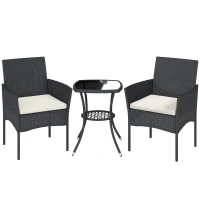 Outsunny 3 Piece Rattan Bistro Set, PE Wicker Garden Furniture Conversation Set with 2 Tier Glass-Top Table, Chairs, Cream White(m-1)