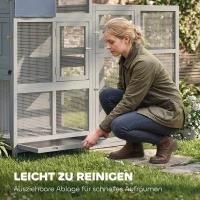 PawHut Voliere Vogelvoliere aus Holz mit 6 Sitzstangen Ablagefach herausziehbarer Schublade Edelstahlnäpfen 196x60x164,5cm Grau(m-6)