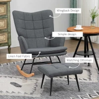 HOMCOM Krzesło Bujane z Podnóżkiem, Komfortowe, do 130 kg, Wygląd Lnu, 64x89x90 cm, Szary(m-5)