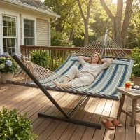 Outsunny Outdoor Hammock with Stand Detachable Pillow Striped Swing Steel Frame, for Garden, Patio, Green(m-9)