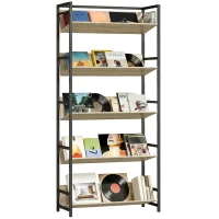 HOMCOM Bookshelf 5-Tier Metal Frame Bookcase Storage Shelves for Living Room Oak(m-10)