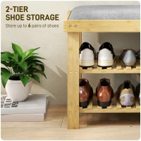 HOMCOM Ławka na buty z siedziskiem, bambusowa ławka z miejscem na obuwie, 2 otwarte półki, 60 x 29 x 49 cm, szara(m-5)