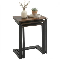 HOMCOM Satztisch, Beistelltisch, 3er-Set, Industrial Design, Stahlrahmen, braun+schwarz, 45 x 30 x 60cm(m-10)