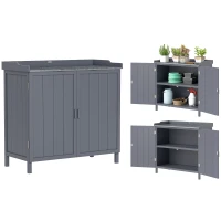 Outsunny Wood Garden Storage Cabinet, Outdoor Tool Shed, Potting Bench Table with galvanised Top and Two Shelves for garden Tools or Pool Accessories, Grey(m-10)