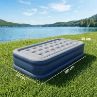Outsunny Inflatable Mattress, Single Air Bed with Built-in Electric Pump, 3 Mins Inflation, Flocked Surface, Grey(m-3)