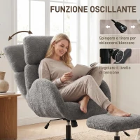 HOMCOM Poltrona Girevole con Poggiapiedi, Regolabile in Altezza con Poggiatesta Regolabile, Funzione Dondolo, Grigio(m-8)
