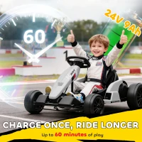 AIYAPLAY 24V Electric Go Kart, Drift Kart with Adjustable Seat, Slow Start, 5-Point Harness, Music, Horn, for 6-12 Years, White(m-5)
