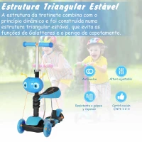 HOMCOM Trotinete 5 em 1 para Crianças com 3 Rodas Assento Removível e Guiador Ajustável Carga Máxima 50 kg 62x25x72,5 cm Azul(m-5)