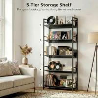 HOMCOM Bookshelf 5-Tier Metal Frame Bookcase Storage Shelves for Living Room Black(m-5)