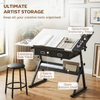 HOMCOM Regulowany na wysokość stół do rysowania, stół roboczy z krzesłem i szufladami, biały(m-5)