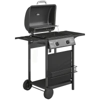Outsunny Gas Burner Barbecue Grill, 2 Burner Gas Grill with Side Tables, Warming Rack, Shelf, Thermometer, Grease Tray, Black(m-1)