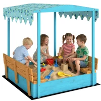 AIYAPLAY Bac à sable en bois avec couvercle, bac à sable enfant extérieur avec siège pliable toile imprimée flamants bleus(m-11)