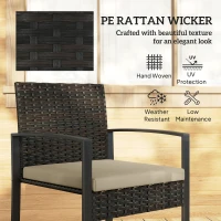 Outsunny Rattan Bistro Set, 3 Piece Garden Furniture Set with Glass Top Table and Cushions, Khaki(m-5)