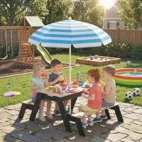 AIYAPLAY Masă de picnic pentru copii cu parasolar, set de grădină din lemn 3 în 1 pentru copii 3-6 ani cu 2 cutii, natural(m-2)